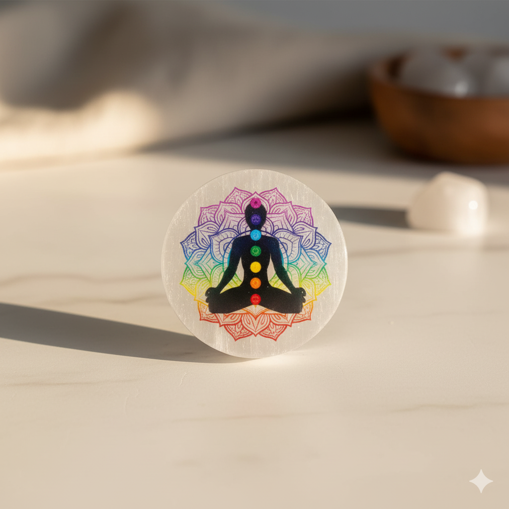 Selenite Charging Coaster with 3D 7 Chakra Symbol – Cleanse, Recharge & Balance Your Crystals & Aura