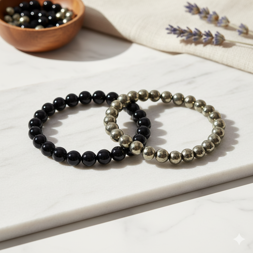 Wealth & Protection Combo – Authentic Pyrite & Black Tourmaline Bracelets to Attract Abundance, Success & Block Negativity