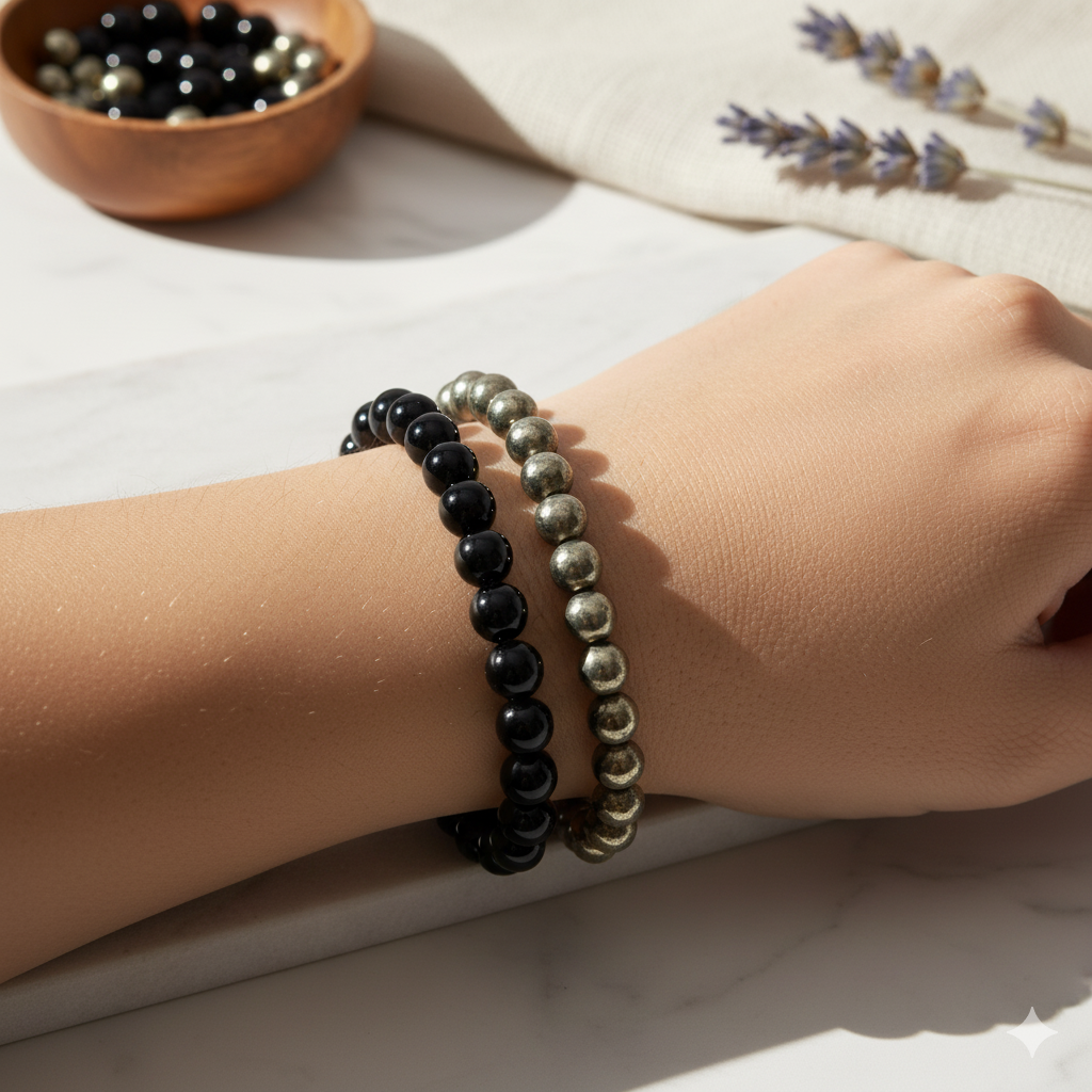 Wealth & Protection Combo – Authentic Pyrite & Black Tourmaline Bracelets to Attract Abundance, Success & Block Negativity