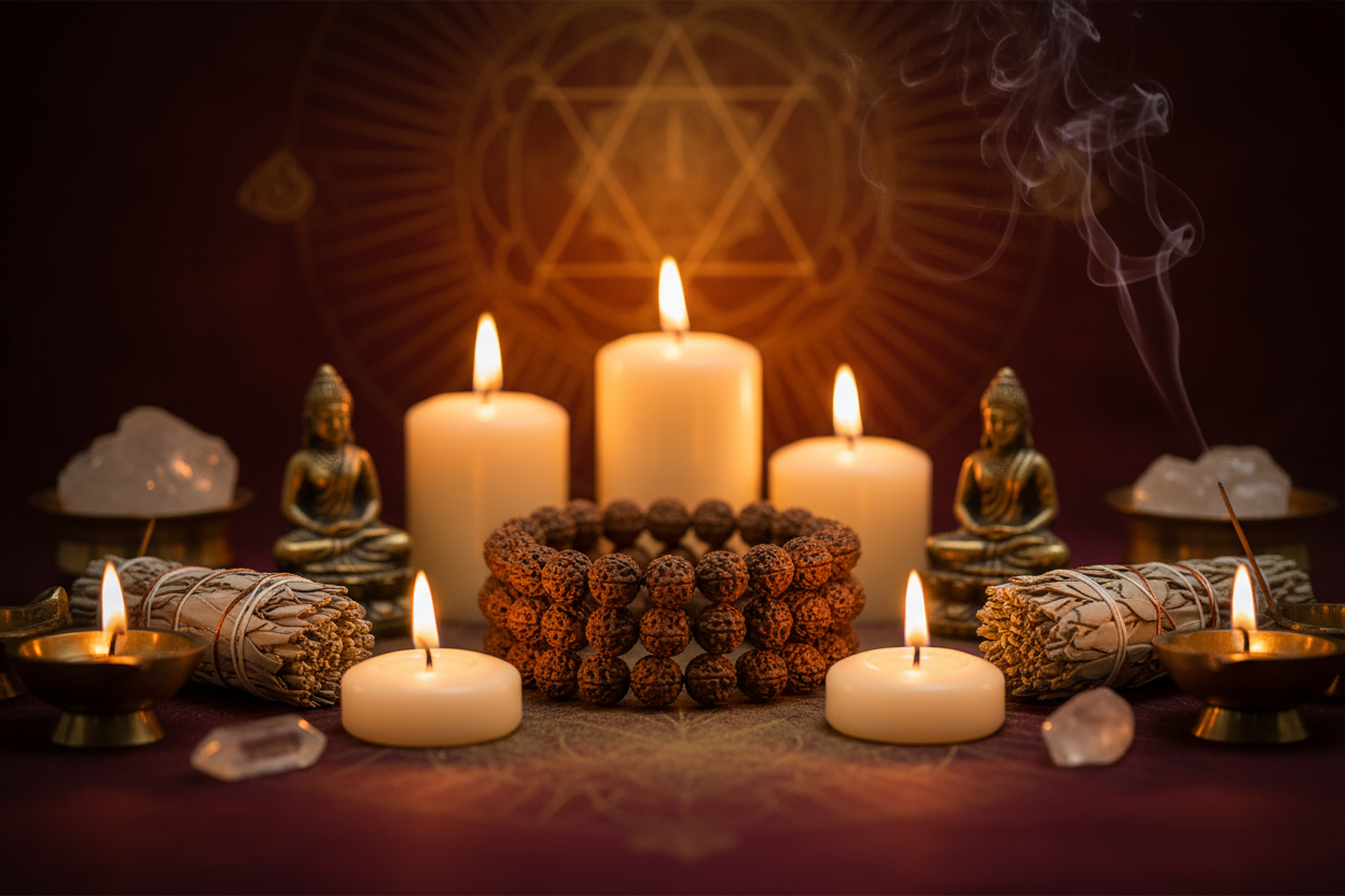 create a image for hero of our attractive and spiritual illumining products make products on center of pic and a attractive image generate bracelets rudraksha candles  