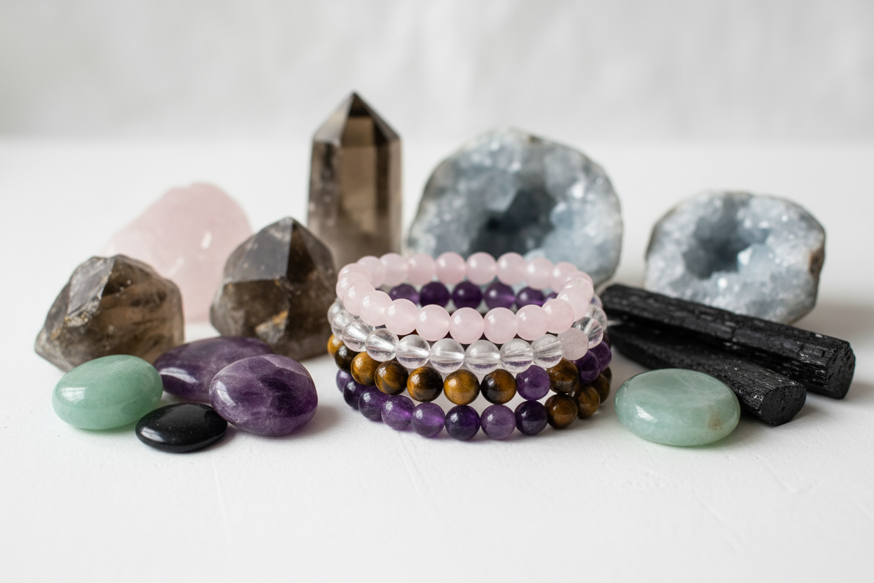 create a image of products bracelets stones etc